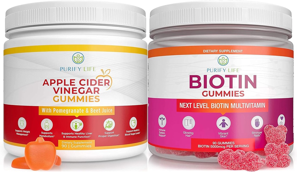 Rens liv Apple Cider Vincitol & Biotin Bundle, Gummies for hår hud og negle (Bulk - 90 Chews), Gut sundhed & fordøjelse, immunforsvar, Detox, Metabolisme - Ingen kapsler, piller, tabletter eller syrup