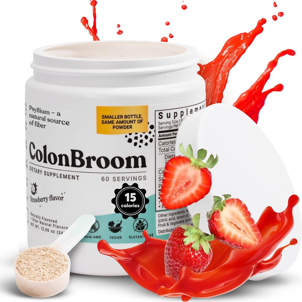 ColonBroom Psyllium Husk Powder (Strawberry) - Colon Cleanse for Bloating Relief & Gut Health - Colon Broom Fiber Powder Drikke - Vegan, Gluten Free, Non- GMO Fiber Powder Supplement, 60 Servere