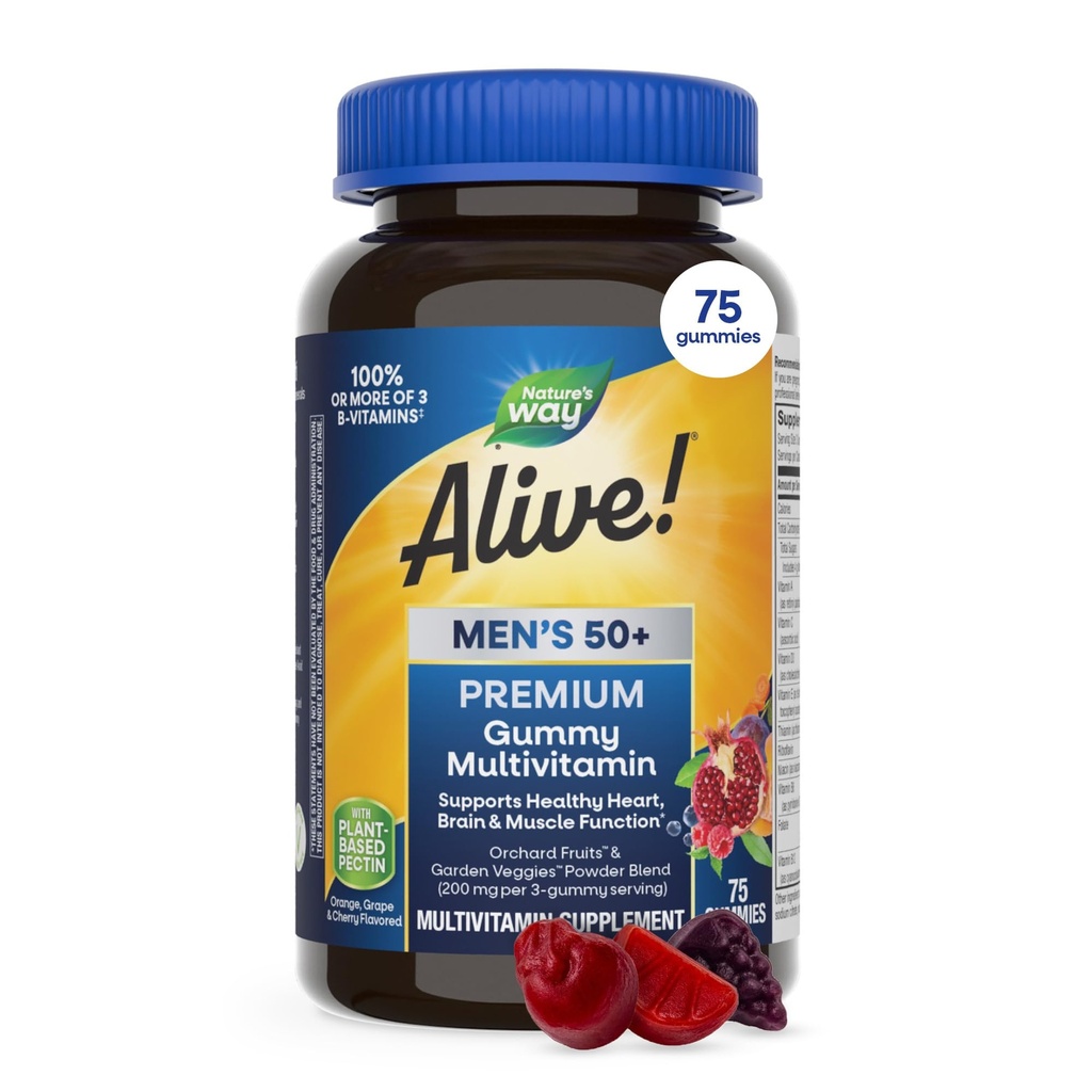 Naturen er i live! Mænds 50 + Premium Gummy Multivitamin, understøtter sundt hjerte, hjerne og muskelfunktion *, B- Vitamin, Vegetar, Grape, Orange og Cherry Flavored, 75 Gummies