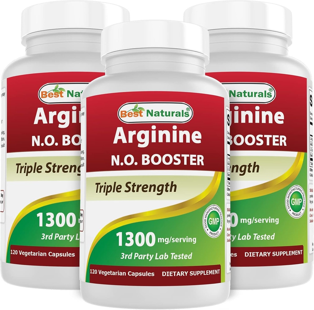 Bedste Naturals L- arginin NO Booster Triple Strength 1300 mg Servering 120 Veg kapsler (120 Greve (pakning med 3))
