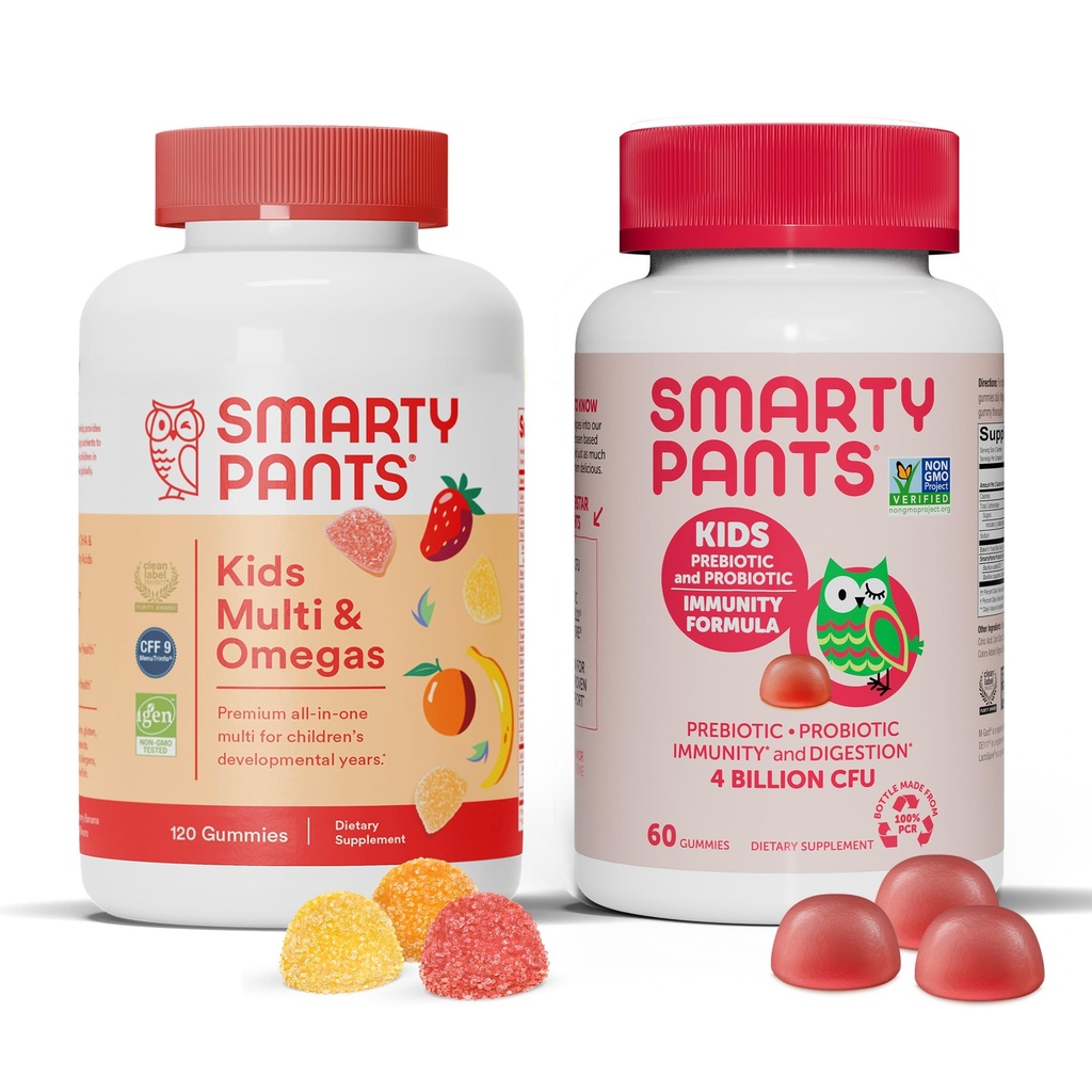 SmartyPants Kids Multivitamin Gummies og Probiotisk Immunitet Bundle: Omega 3 Fish Oil (EPA / DHA), D3-vitamin, C, B12-vitamin, B6, fordøjelses- og immunsupporttillæg (30 dages forsyning)