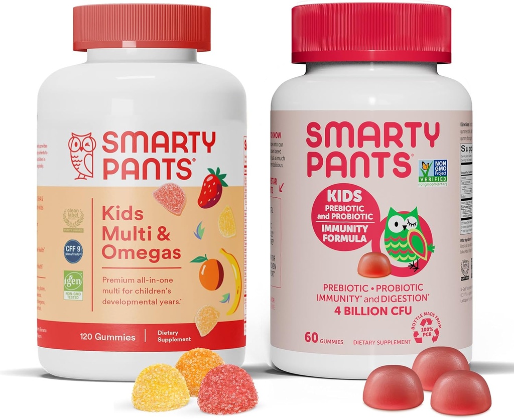 SmartyPants Kids Multivitamin Gummies og Probiotisk Immunitet Bundle: Omega 3 Fish Oil (EPA / DHA), D3-vitamin, C, B12-vitamin, B6, fordøjelses- og immunsupporttillæg (30 dages forsyning)