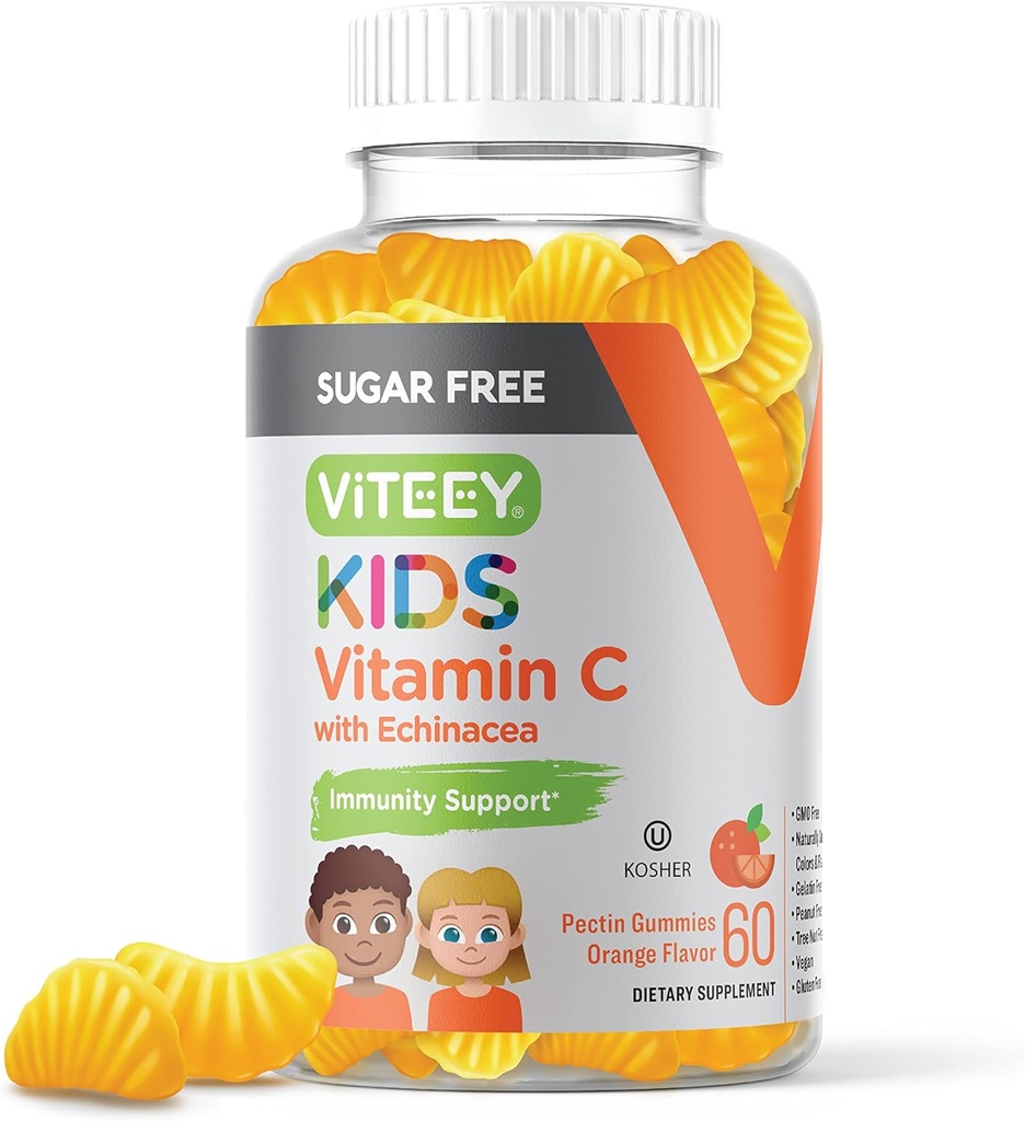 Viteey Kids Vitamin C Gummies 75mg, with Echinacea - Sugar Free - Immunitet Support for Toddlers, & Teens - Vegan, Gelatine Free, Gluten Free, GMO Free - Tasty Orange Flavored Kids Immunity Gummy