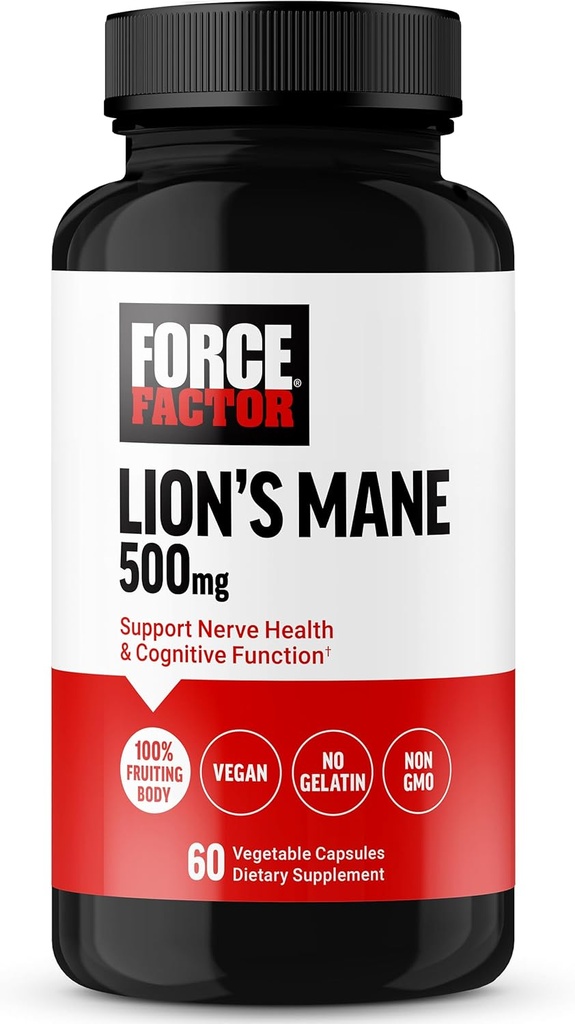 Force Factor Lions mande supplement kapsler, hukommelse og fokus supplement, understøtter nerve sundhed & kognitiv funktion, Lavet med 100% Fruiting Body, Vegan, No Gelatine, Non- GMO, 60 Vegetabilske kapsler