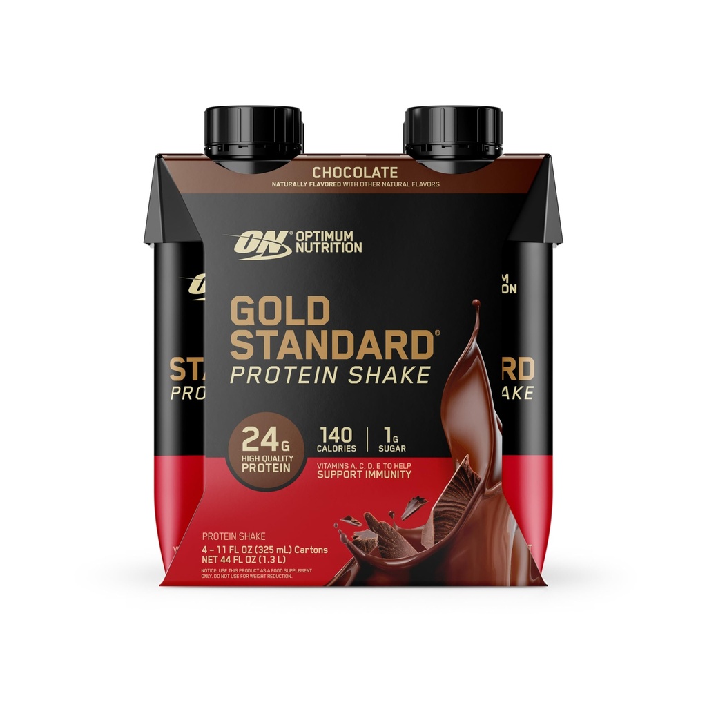 Optimum Nutrition Gold Standard Protein Shake, 24g Protein, Klar til at drikke Protein Shake, Gluten Free, C-vitamin til immunforsvar, chokolade, 11 Fl Oz, pakke med 4 (Packaging May Vary)