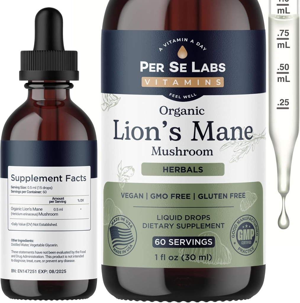 Lions Mane Mushroom Supplement Flydende Dryp • 124; Immunsystemet Booster, Brain Supplement Focus & Memory • 124; Organic Lions Mane • Uddrag