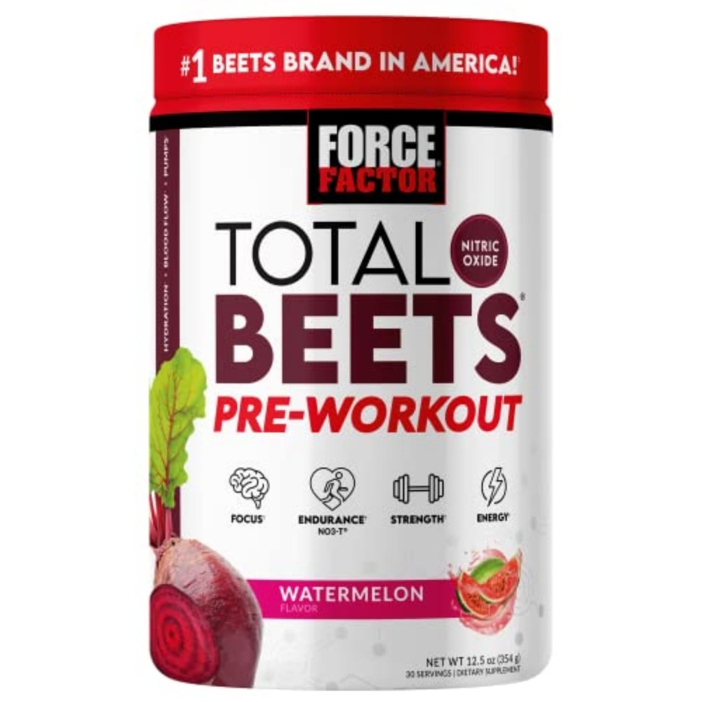 FORCE FACTOR Total Beets Pre- Workout Powder to Boost Energy & Endurance, øge styrke, og forbedre blodgennemstrømningen og pumper, nitrogenoxid tillæg med Beet Root Powder, Watermelon, 30 Serveringer