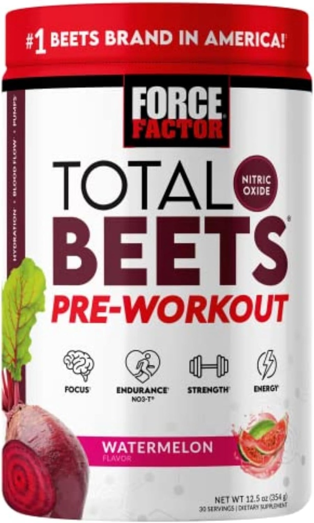 FORCE FACTOR Total Beets Pre- Workout Powder to Boost Energy & Endurance, øge styrke, og forbedre blodgennemstrømningen og pumper, nitrogenoxid tillæg med Beet Root Powder, Watermelon, 30 Serveringer