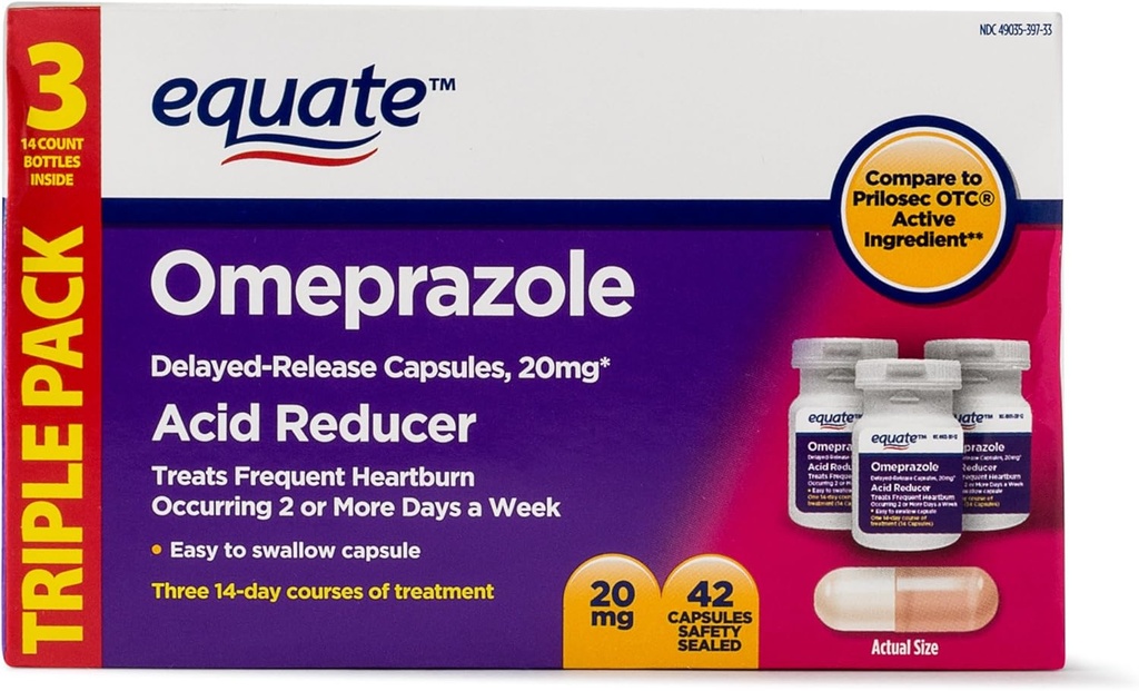 Equate - Omeprazol Magnesium 20, 6 mg, syrereduktion, forsinket frigivelse, 42 kapsler (pakning med 2)