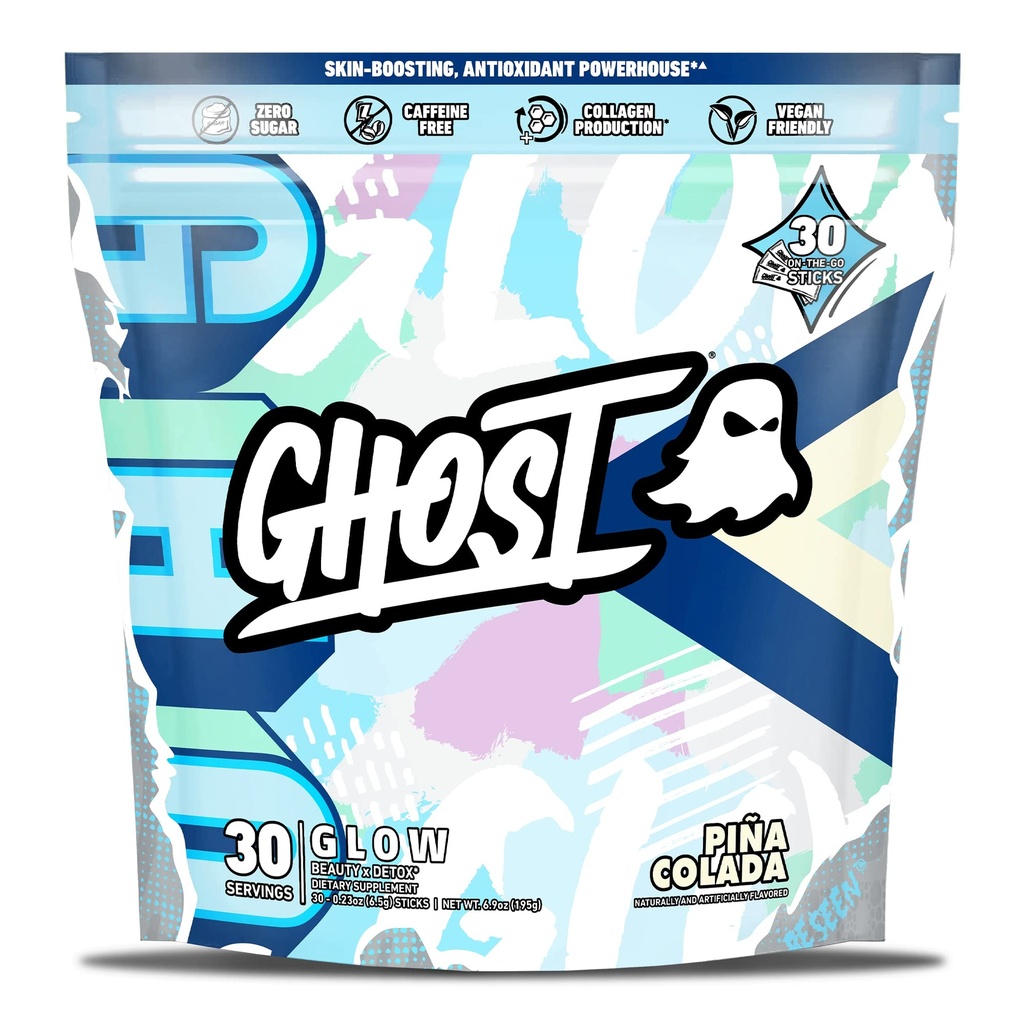 GHOST Glow Sticks: Skønhed og Detox Supplement - 30 On- The- Go Stick Packs, Pina Colada - Hyaluronsyre, Biotin & L- Theanine for Skin- Boosting Support - Sugar Free, Gluten Free
