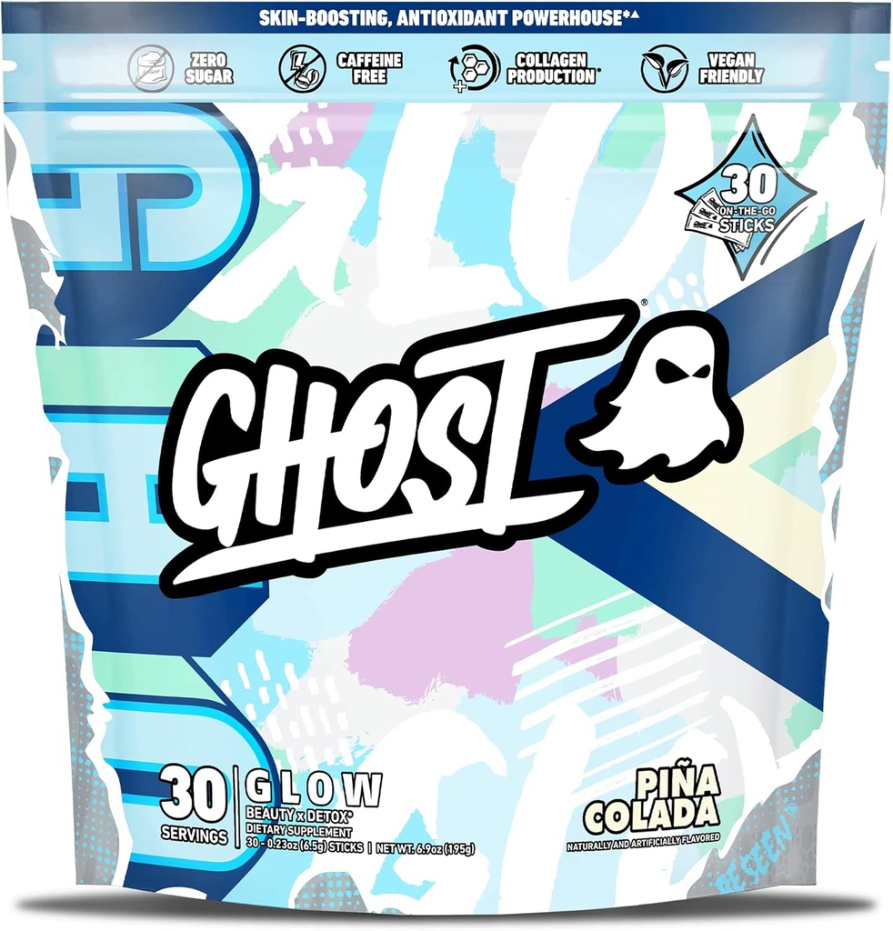 GHOST Glow Sticks: Skønhed og Detox Supplement - 30 On- The- Go Stick Packs, Pina Colada - Hyaluronsyre, Biotin & L- Theanine for Skin- Boosting Support - Sugar Free, Gluten Free