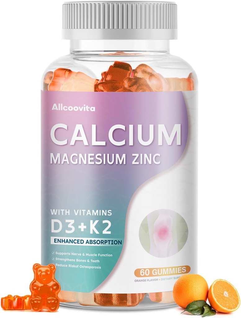 Calcium Magnesium Zinkgummier med D3- og K2-vitamin - højpotens Forbedret Absorption -60 Orange gummies Flavored.