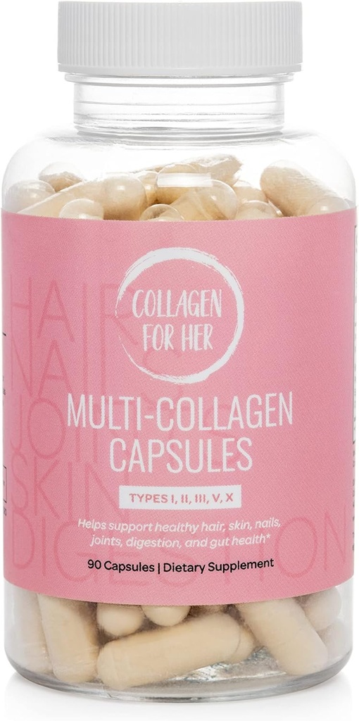 Kollagen Til hende: Multi kollagen kapsler til kvinder (type I, II, III, V, X,) Hydrolyserede kollagen peptider, vitamin supplement til hår, hud, negle, og fælles støtte (90 ct.)