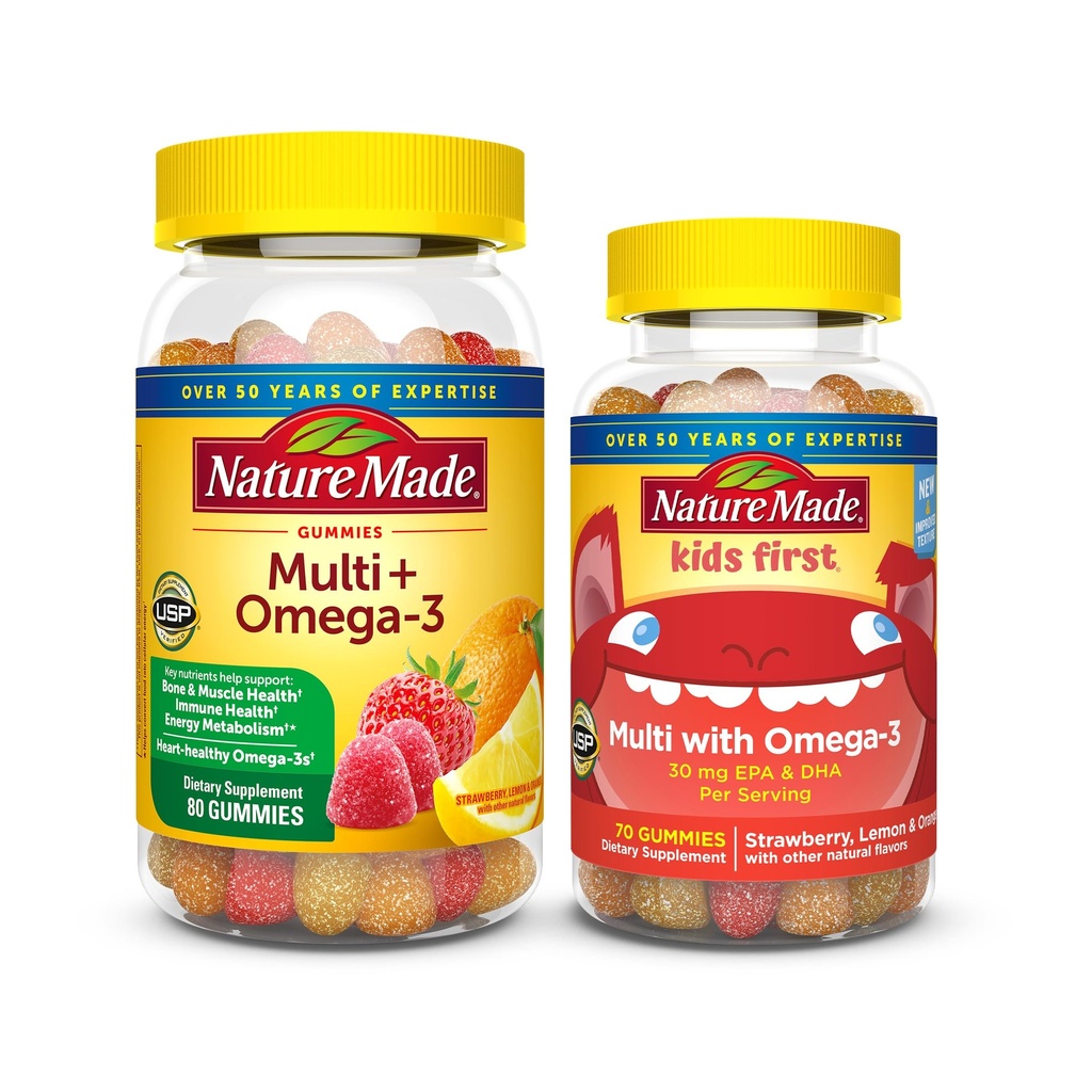 Nature Made Adult & Kids Multivitamin Gummies Combo Pack, Multis med C-vitamin, D3-vitamin, B-vitaminer, zink, Omega 3 Fish Oil & Mere, To Multivitamin Flasker til hele familien