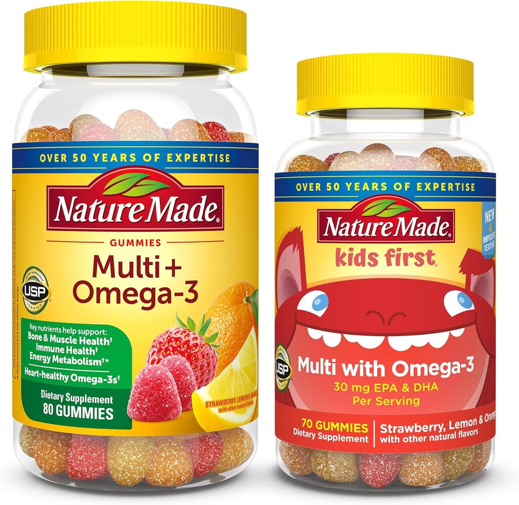 Nature Made Adult & Kids Multivitamin Gummies Combo Pack, Multis med C-vitamin, D3-vitamin, B-vitaminer, zink, Omega 3 Fish Oil & Mere, To Multivitamin Flasker til hele familien