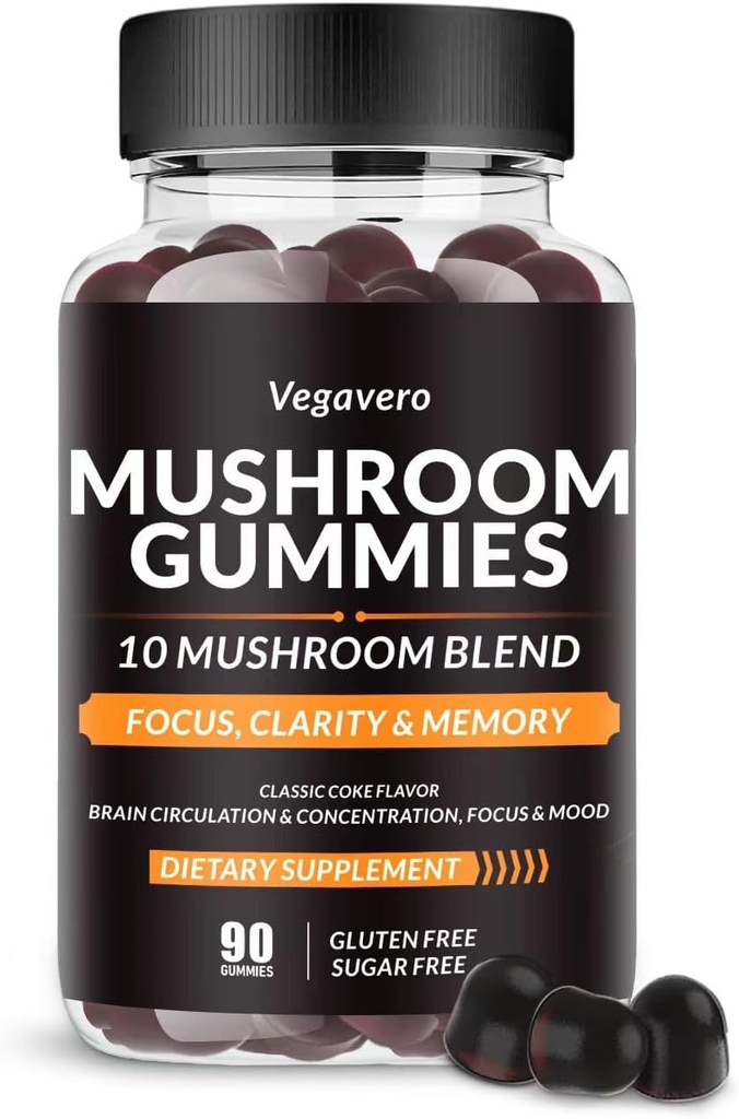 Vegavero Mushroom Gummies - 10x Mushroom Blend - Mushroom Complex - Mushroom supplement (90 Chews) Classic Coke