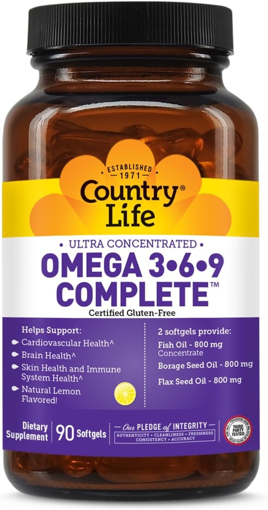 Country Life Omega 3-6-9 Complete Supplement - 1,534mg Omega fedtsyrer - Understøtter cardiovaskulære, hjerne, hud & immunforsvar - Certificeret gluten fri, ikke-GMO - 90 Softgels