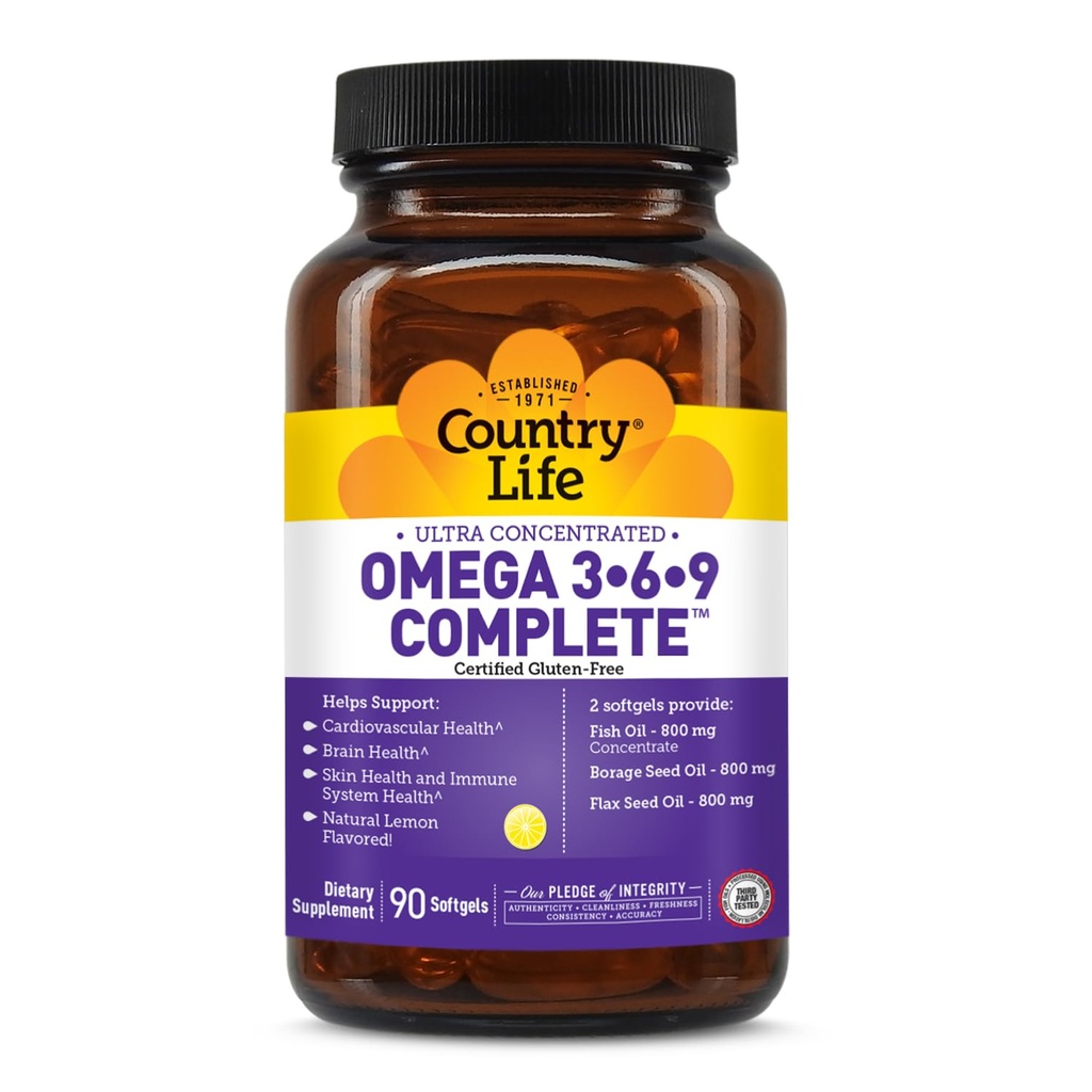 Country Life Omega 3-6-9 Complete Supplement - 1,534mg Omega fedtsyrer - Understøtter cardiovaskulære, hjerne, hud & immunforsvar - Certificeret gluten fri, ikke-GMO - 90 Softgels