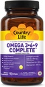 Country Life Omega 3-6-9 Complete Supplement - 1,534mg Omega fedtsyrer - Understøtter cardiovaskulære, hjerne, hud & immunforsvar - Certificeret gluten fri, ikke-GMO - 90 Softgels