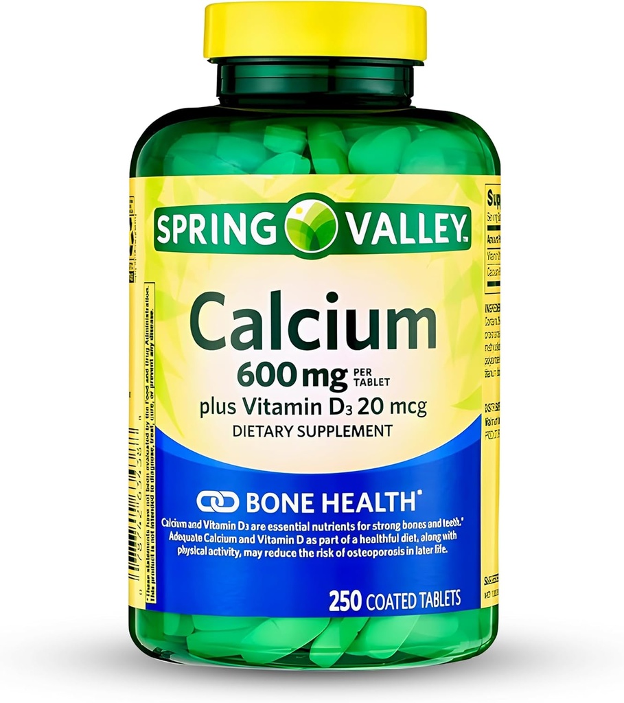 Spring- Valley Calcium Supplement- Calcium 600 mg med vitamin d3 for stærkere ben Health- 250 tabletter