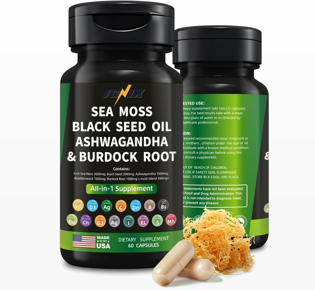 IGRIX Kosttilskud med Sea Moss, Black Seed Oil, Ashwagandha og Burdock Root- Irish Sea Moss 3000mg, Black Seed 2000mg, Ashwagandha 1000mg, Bladerwrack 1000mg, Burdock Root 1000mg.