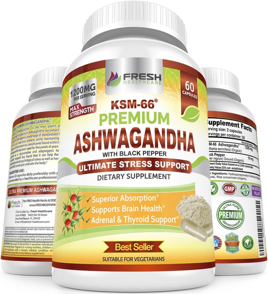 FRESH METHCARE Ashwagandha Kapsler KSM- 66 1200mg Pure Root Extract med Sort Pepper til Høj Absorption - Potent Ashwagandha Supplement - 60 Veganske Kapsler
