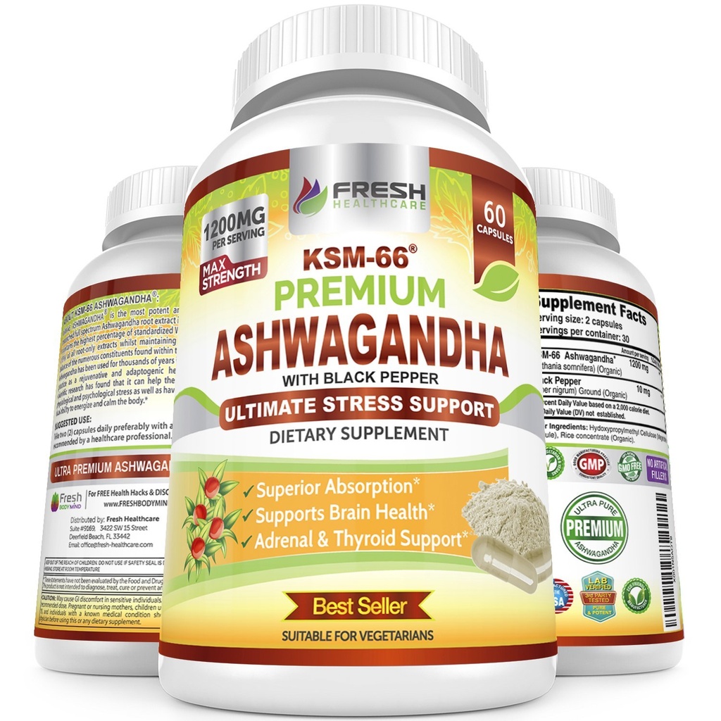FRESH METHCARE Ashwagandha Kapsler KSM- 66 1200mg Pure Root Extract med Sort Pepper til Høj Absorption - Potent Ashwagandha Supplement - 60 Veganske Kapsler