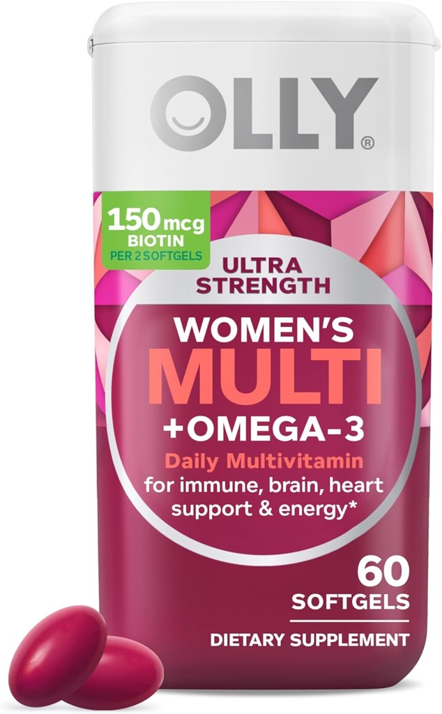 OLLY Ultra Women 's Multi Softgel, Total Health and Immune Support, Omega- 3s, Iron, Vitaminer A, D, C, E, B12, Daily Multivitamin, 30 Day Supply - 60 Greve