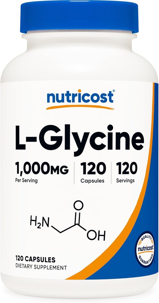 Nutricost L- Glycine 1000mg, 120 kapsler, vegetar, ikke-GMO og gluten fri
