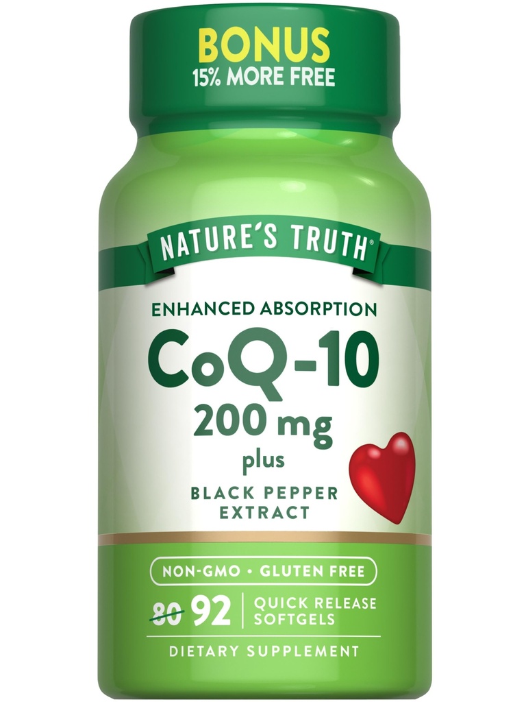Nature 's Truth CoQ10 200 mg Softgels against 124; 92 Greve Measures 124; Enhanced Absorption Measures 124; with Black Pepper Extract Measures 124; Non- GMO & Gluten Free Supplement