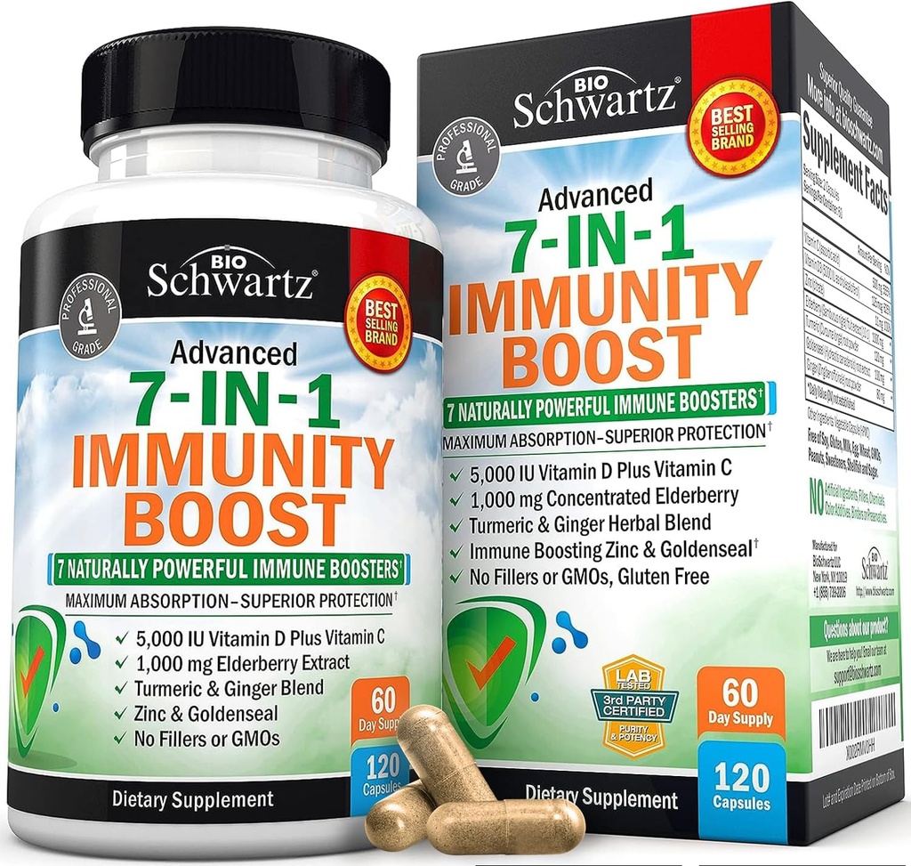 Immunsupporttilskud med Zink C-vitamin D 5000 IE Elderberry Ginger D3 Goldenseal - Dr. Godkendte Immunitetsvitaminer til voksne kvinder og mænd - Natural Immunsystemet Booster Defense -120ct