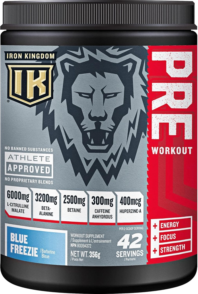 Iron Kingdom Pre Workout Pulver til mænd og kvinder Koffein, Beta Alanine & Aminos til Intense Focus Endurance & Pump - Preworkout Energy Drikke Powder Natural Blue Freezie - 42 Servering