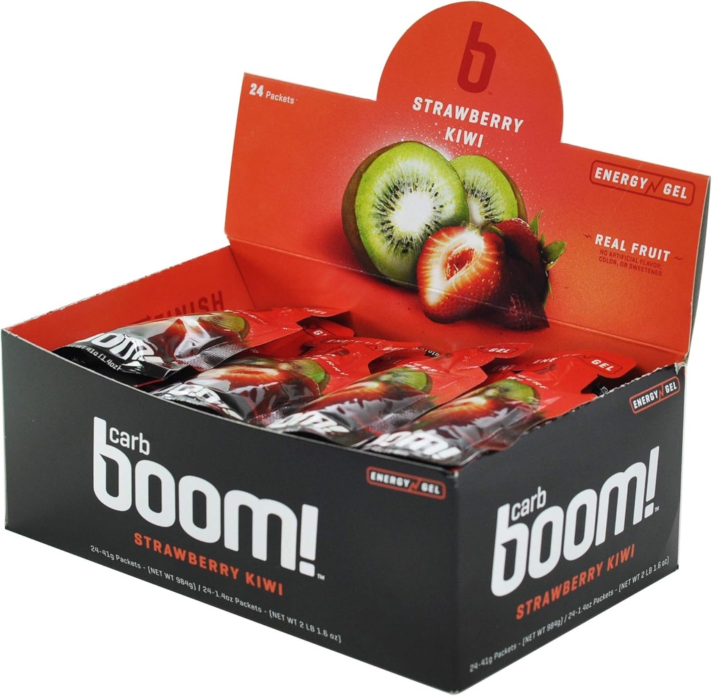 Boom Nutrition - Carb Boom Energy Gel - Fruit- Flavored Energy Gels - Workout Gel - Energy Gel til cykling - Running Gel - Natural Energy Gel - Jordbær Kiwi (24 Pack)