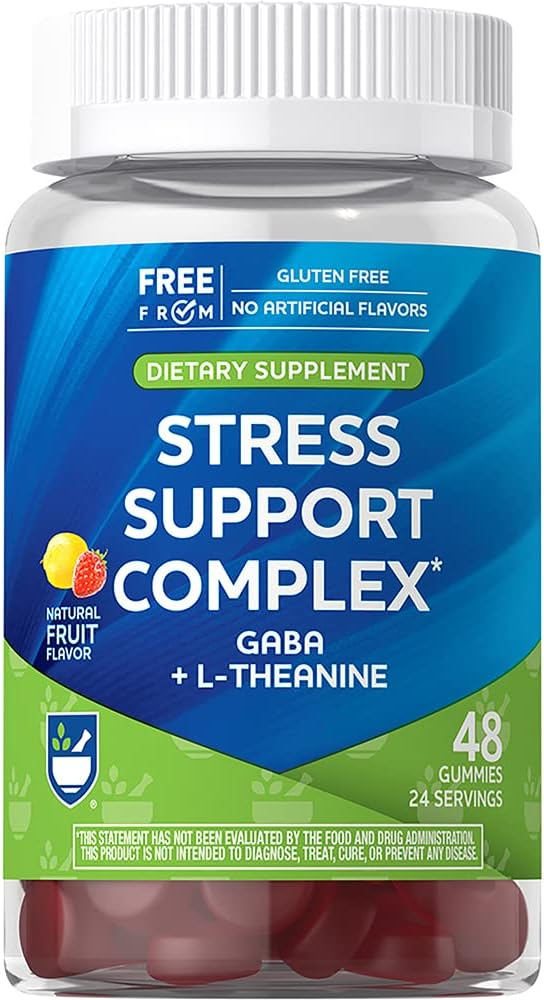 Rite Aid Stress Support Complex, Natural Flavored Gummies, 48 Count, 100 mg of GABA (Gamma-Aminobutyric Acid), 10 mg of L-Theanine, and 75 mg of Lemon Balm Extract
