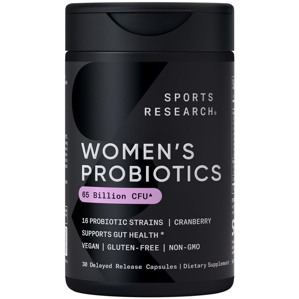 Sportsforskning ® Kvindeprobiotika med Prebiotika, 65 milliarder CFU - Veganske kapsler til Gut Health & fordøjelsesstøtte, Probiotika til kvinder med tranebær - Non- GMO Verified & Gluten Free - 30 Greve