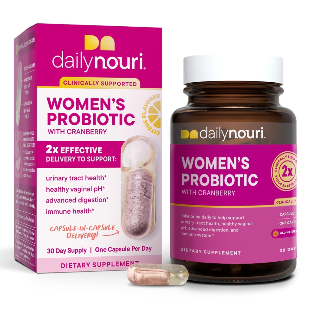 Daglig Nouri Kvinder 's Probiotiske Beeg 124; Understøtter Vaginal pH, Urinary Tract, fordøjelsesfremmende & immunforsvar Beeg 124; 5 Klinisk Studerede Strops + Cranberry & Vegan Omega Oil Beeg 124; 30- Day Supply