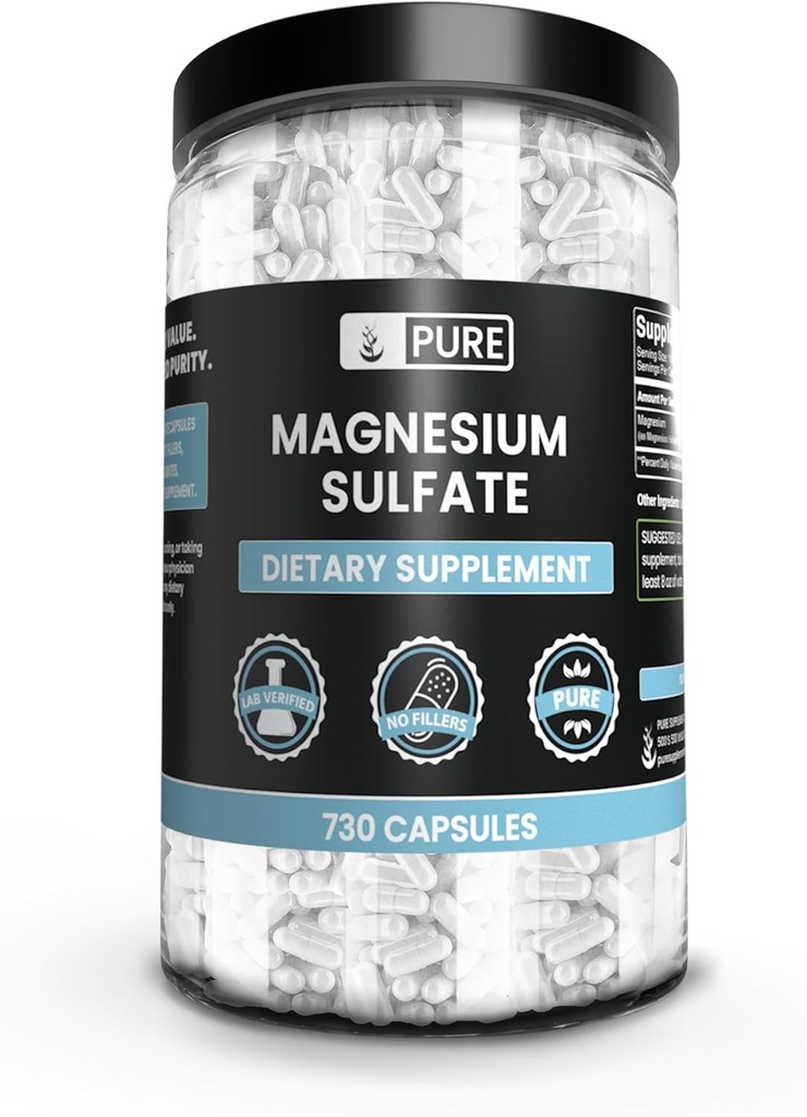 Pure Original Ingredienser Magnesium Sulfate (730 kapsler) Ingen Rice Fillers, Altid Pure, Lab Verified