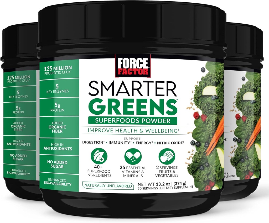 FORCE FACTOR Smarter Green Superfoods Powder, 3-Pack, Understøtter fordøjelse og Bloating, Immunitet, og energi, Grønne pulver med probiotika, fordøjelsesfremmende enzymer, antioxidanter, og fibre, 90 Servere