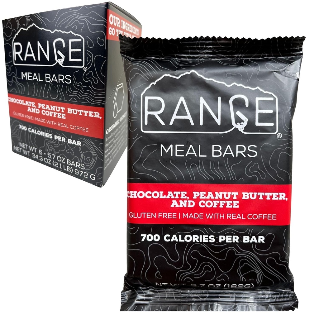 Range Meal Bar - High Calorie Meal Erstatning Bars - Gluten Free Bars - Backpacking Meals - 6 Pack (Chokolade, Jordnøddesmør og Kaffe)
