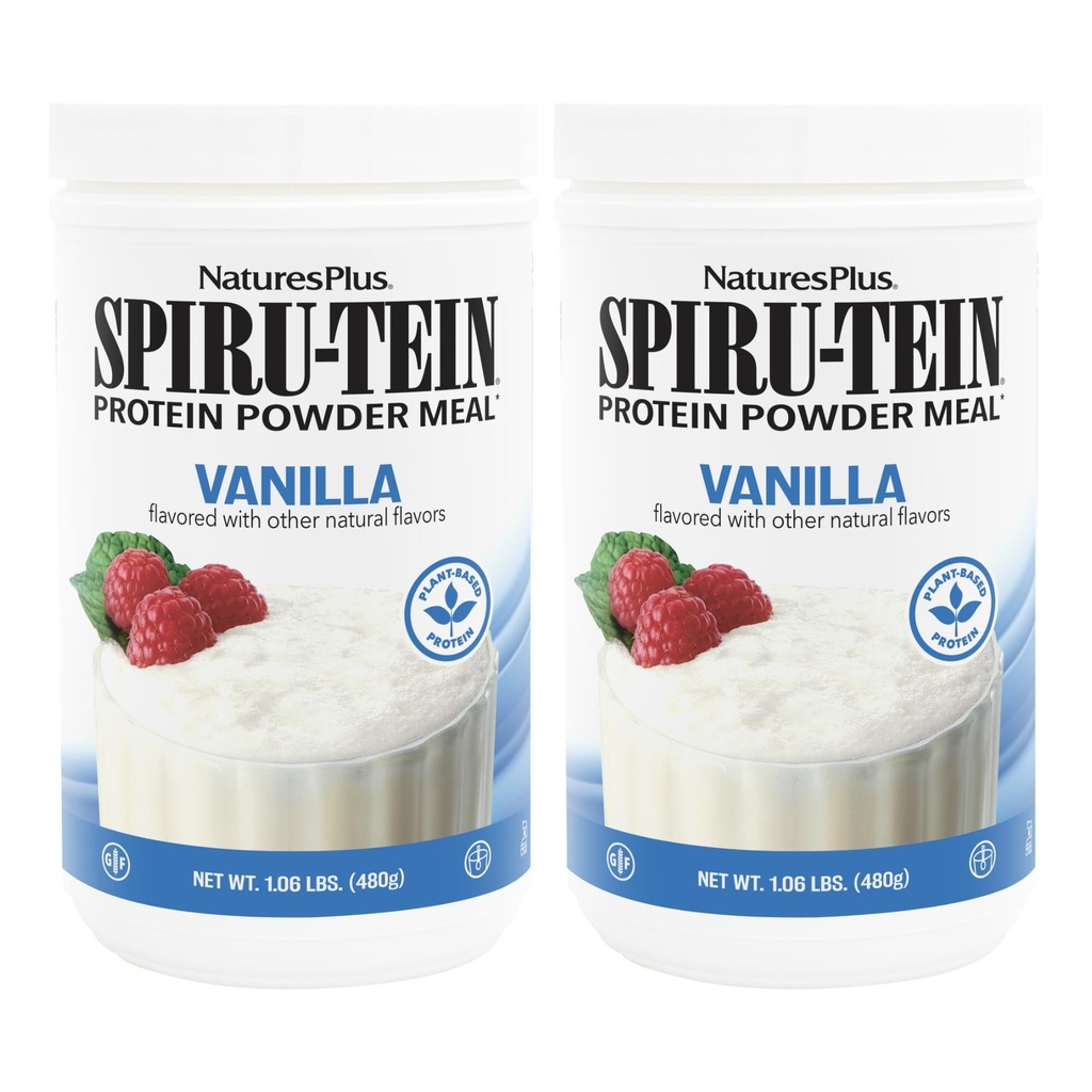 NaturesPlus SPIRU- TEIN, Vanilla - 1,06 lbs, Pack of 2 - Plant-Based Protein Powder - Vegetarisk, Gluten Gratis - 32 Total Servering