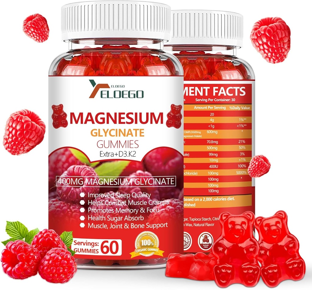 Magnesium Glycinat Gummies 600 mg (Magnesiummalat 200 mg), Extra K2 & D3, Høj Absorption Magnesiumtillæg for søvn, Stress Relief, Nerve Support, Hindbær (60 Greve)