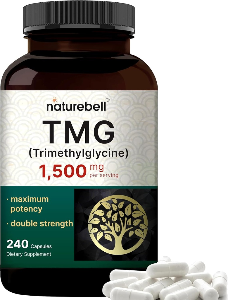 NatureBell TMG Kosttilskud 1.500mg, 240 Kapsler er 124; Max Strength Betain Vandfri Trimethylglycin - Understøtter sund homocystein balance, hjerte & lever sundhed - non-GMO, gluten fri