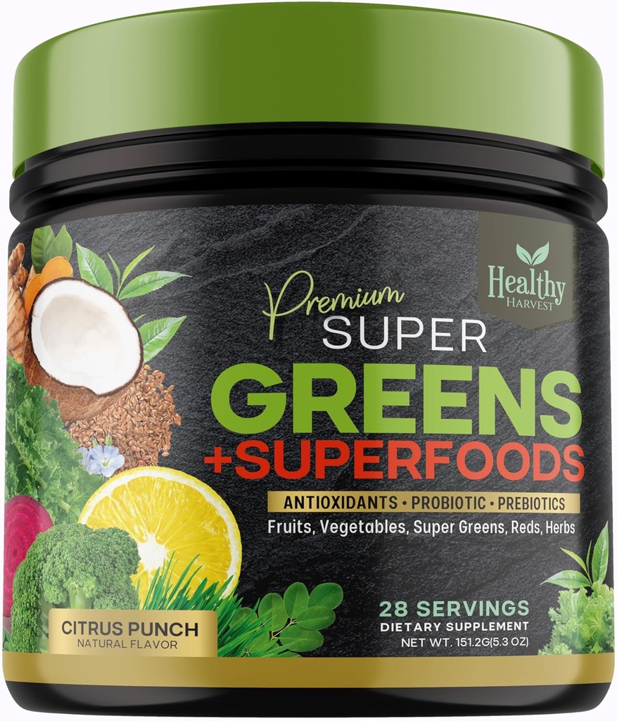 Green Powder Superfood Supplement - Super Green Red Smoothie Mix Blend med Spirulina, Hvede Græs, Chlorella, Beets, Probiotika, Naturlige Antioxidanter - Vegan, Non- GMO - 28 Servere