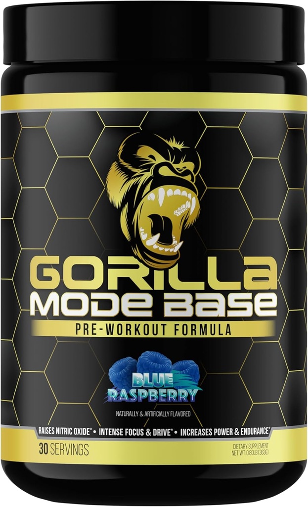 Gorilla Mind Base Pre Workout - Raises Nitric Oxide Intense Focus & Drive Endurance Power - L-Citrulline, L-Tyrosine, Betaine, Alpha-GPC, Caffeine, Huperzine A - 360 Grams (Blue Raspberry)