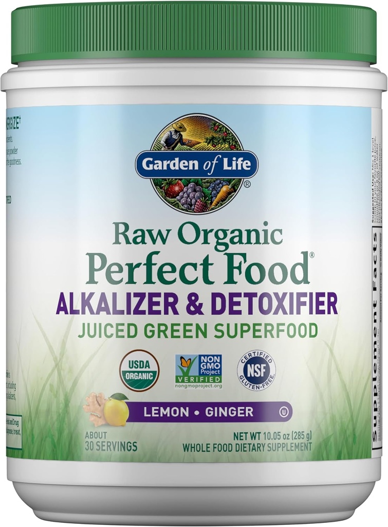 Garden of Life Raw Organic Perfect Food Alkalizer & Detoxifier Juiced Greens Superfood Powder - Lemon Ginger, 30 Servings - Non-GMO, Gluten Free Whole Food Dietary Supplement, Plus Probiotics