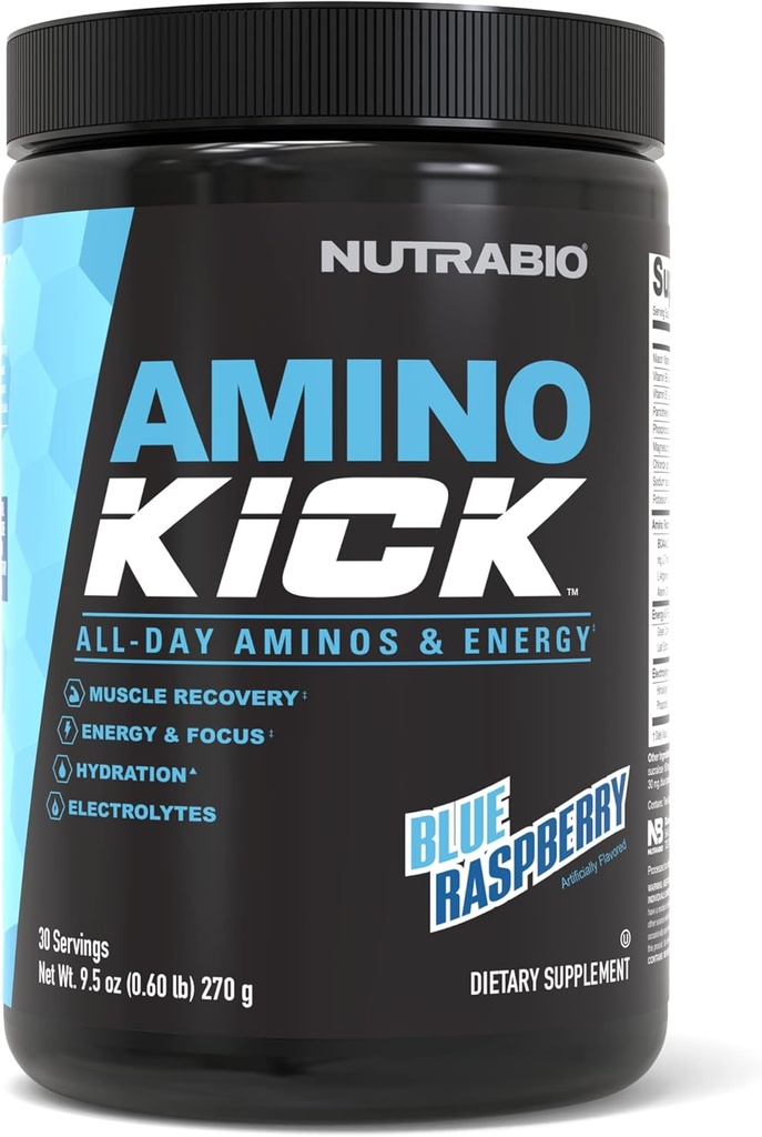 NutraBio Amino Kick – BCAA Powder with Natural Caffeine – Amino Acids Supplement for Energy, Hydration & Recovery – BCAAs, Electrolytes & Amino Acids – Blue Raspberry, 30 Servings
