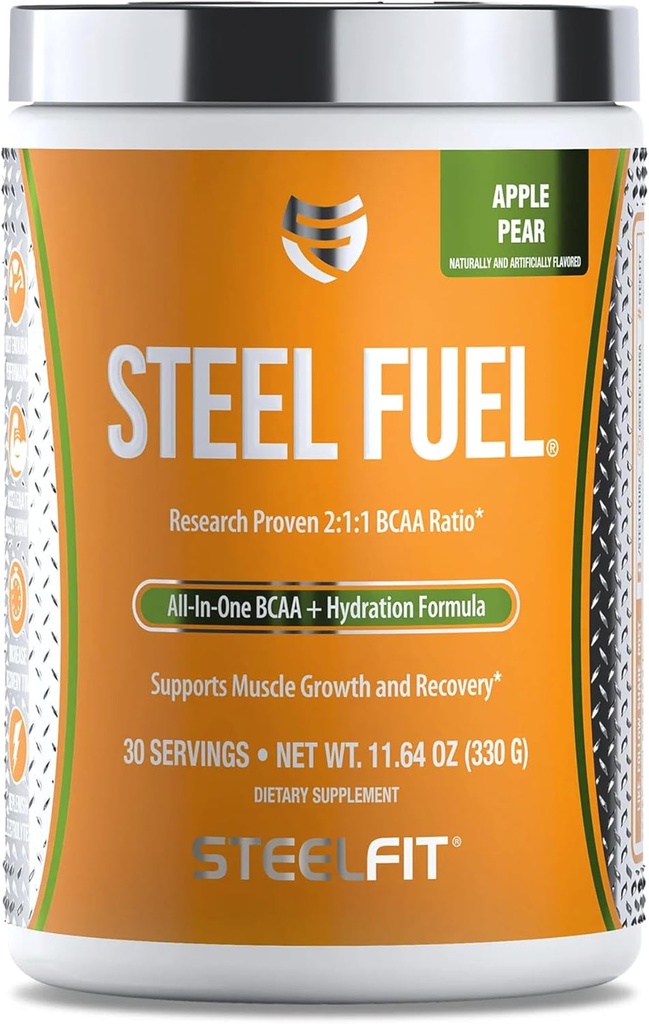 SteelFit Steel Fuel 5g BCAAs Aminosyrer Pulver til Intra- workout til accelerere muskelvækst & forbedret holdbarhed - 30 Serveringer i Apple Pære - BCAA Kosttilskud Pulver til elektrolyter & Inddrivelse