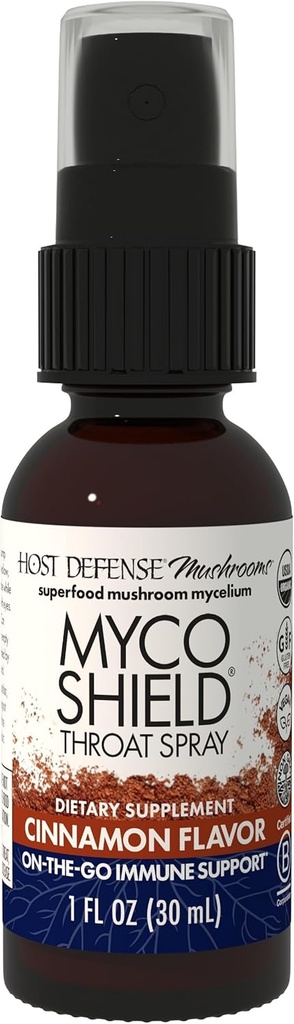 Værtsforsvar MycoShield Throat Spray - immunforsvar - kosttilskud chaga, Reishi, Tyrkiet hale & mere - On- The- Go immunstøtte - kanel flavor, 1 fl oz (71 Servere) *