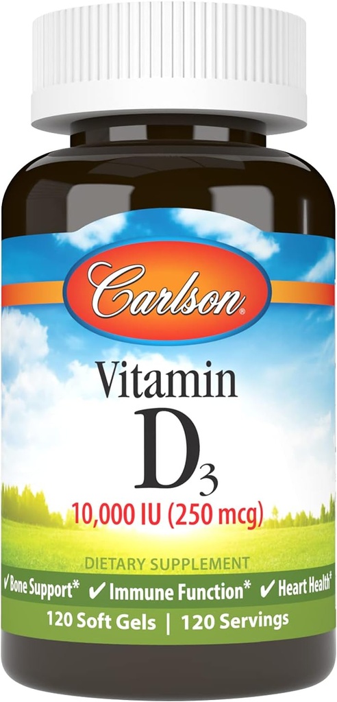 Carlson - D3- vitamin, 10000 IE (250 mcg), D- vitamintilskud, ben- & immunstøtte, D3- vitamin, hjertesundhed, Gluten Free D- vitaminkapsler, 120 bløddele