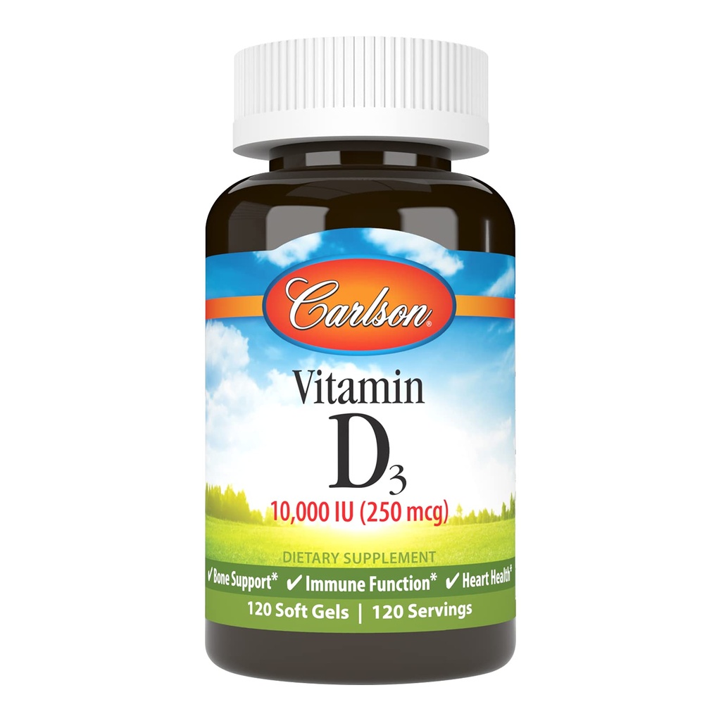 Carlson - D3- vitamin, 10000 IE (250 mcg), D- vitamintilskud, ben- & immunstøtte, D3- vitamin, hjertesundhed, Gluten Free D- vitaminkapsler, 120 bløddele